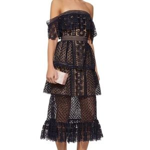 Self- Portrait navy blue off the shoulder dress perfect for the Holidays!